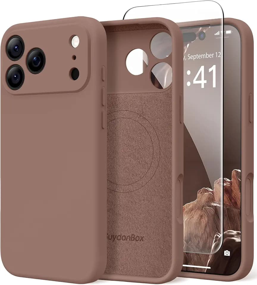 Magnetische Silikonhülle für iPhone 18 Pro/iPhone 17 Pro | Mit MagSafe, Displayschutzfolie, Vollständiger Kameraschutz, Stoßfeste Schutzhülle für iPhone 18 Pro/iPhone 17 Pro Braun