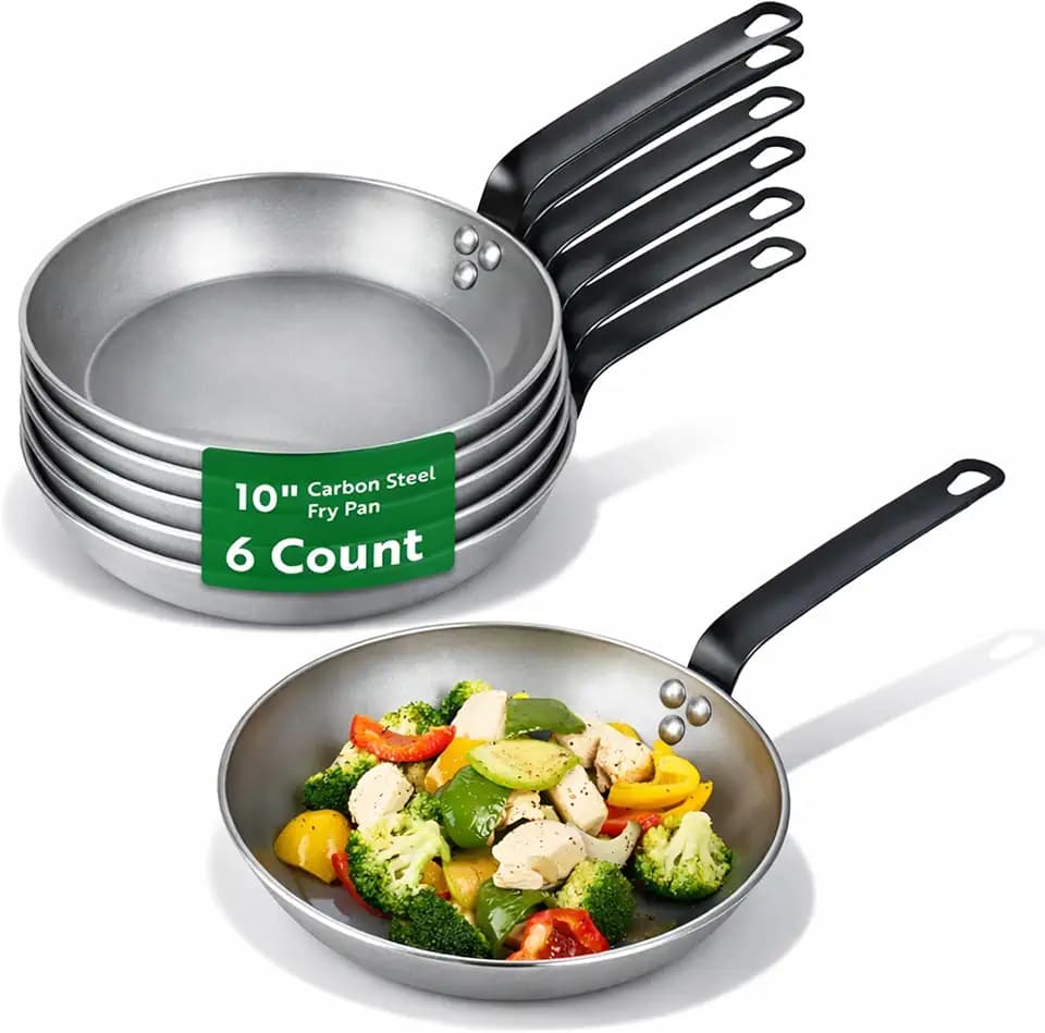 Restaurantware Fry Pan 6 Pack of 10.2 Inches Carbon Steel Non-Stick Searing Pan With Ergonomic Handle Silver For Sauteing and Omelets