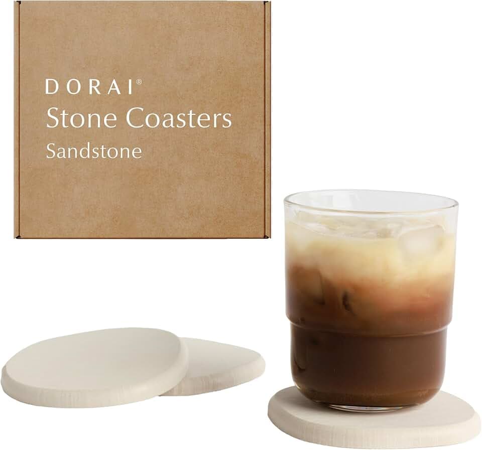 Dorai Home Stone Coasters Set - Diatomaceous Earth Water-Absorbing Drink Coaster for Coffee Table, Kitchen or Bar, Modern Stone Appearance | Sandstone - Set of 4