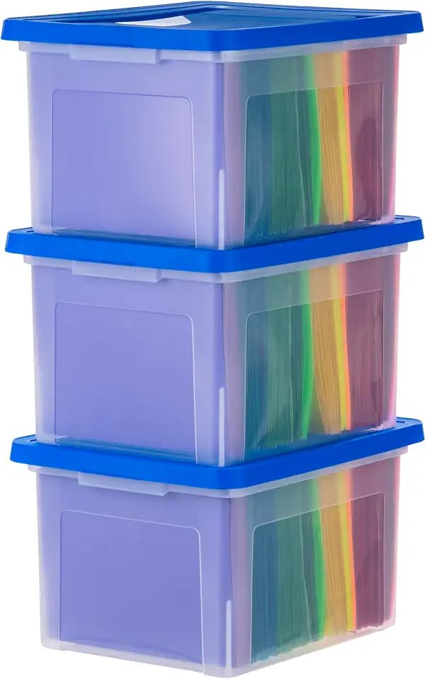 IRIS USA 3-Pack 35 Qt. Letter/Legal File Box with Lid, Clear/Blue