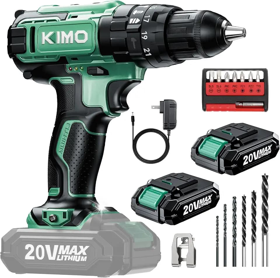 KIMO Cordless Hammer Drill Set with 20V 2.0Ah Battery 2 Packs, 21+3 Position, 0-1350 RPM, Max 350 In-lb Torque, 3/8" Keyless Chuck, 14pcs Accessories, Power Drill for Drilling Wood Bricks Walls Metal