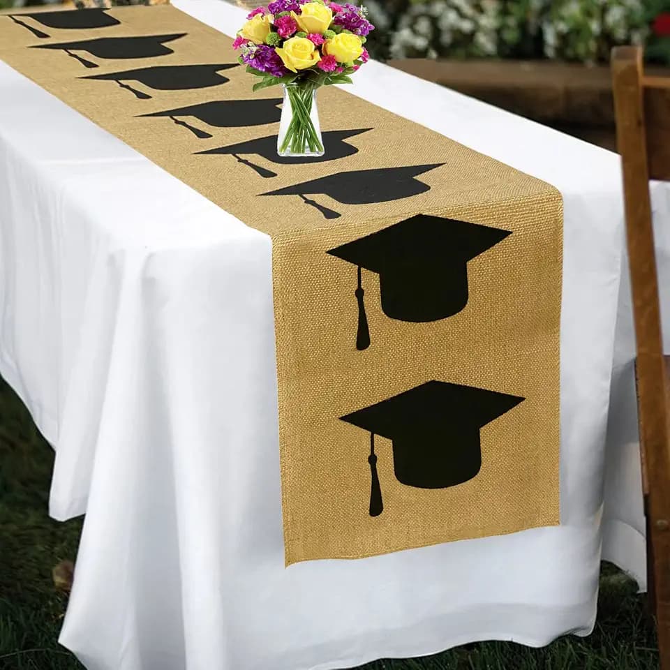 Burlap Graduation Table Runner 72 Inch - Rustic Graduation Table Decorations - 2026 Graduation Party Supplies - Grad Cap Tabletop Decor Centerpiece Indoor Outdoor (Black)
