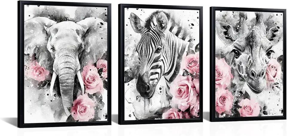WELMECO African Animal Wall Decor Elephant Giraffe Zebra Painting Art Prints, Black Frame, 12x16inchx3 Pieces (Pink)