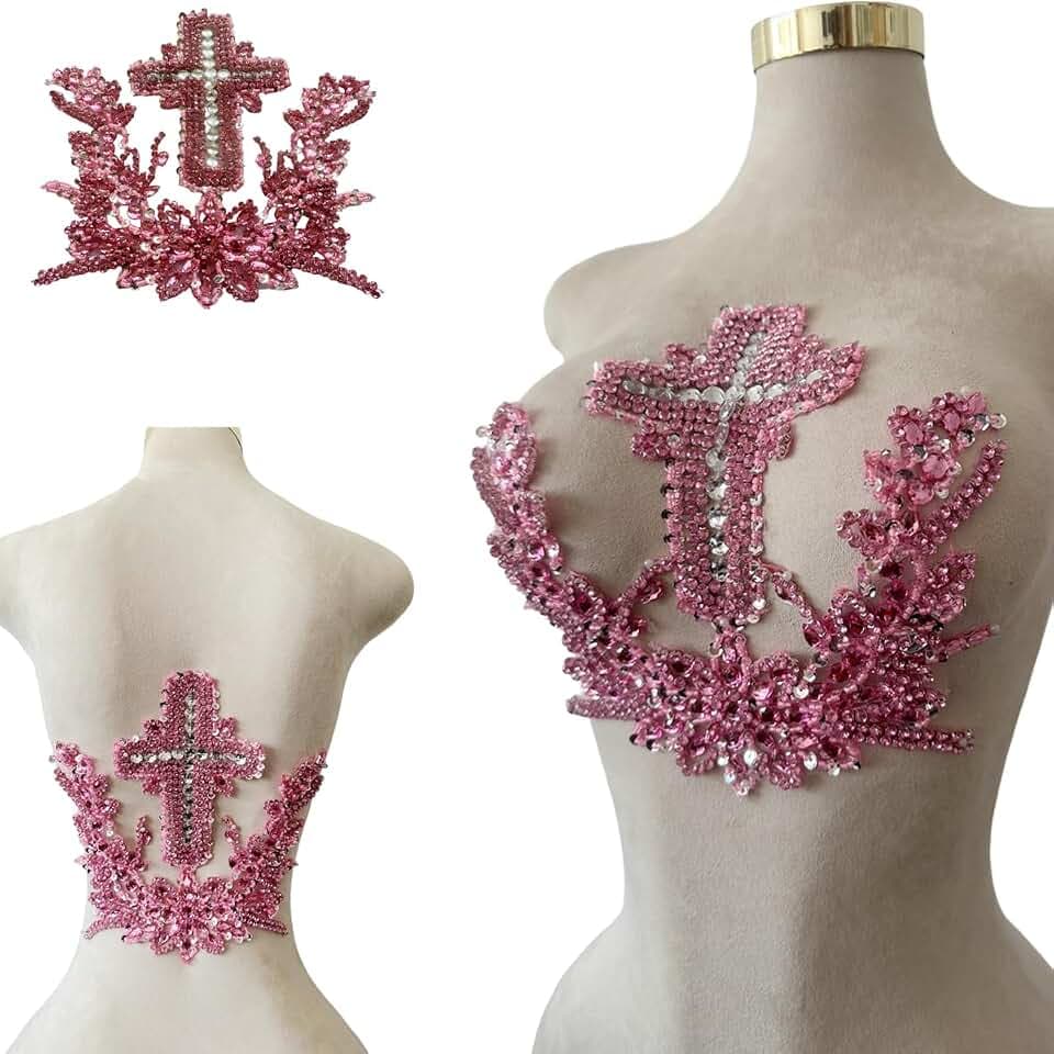 Handmade Cross Bead Embroidery Patch Handmade Rhinestones Applique Creative Design Clothing Decoration for Wedding Dress Predecessor or Men's Suit Back (Pink)