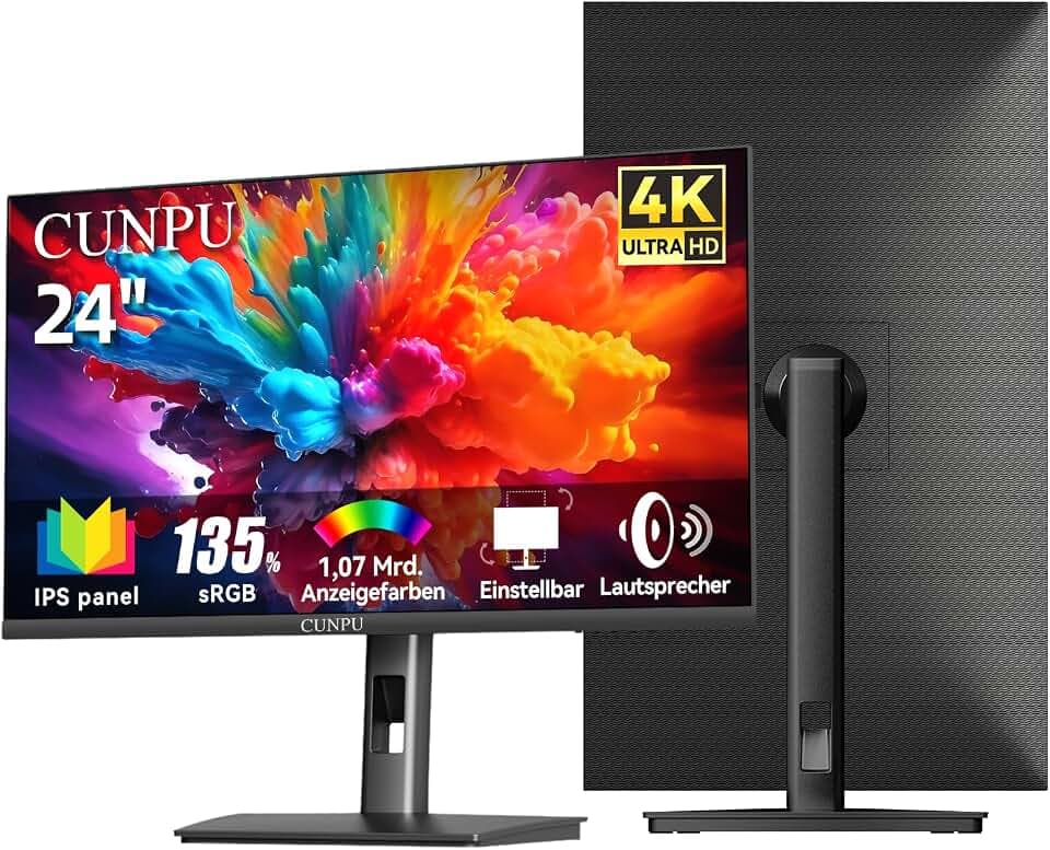 CUNPU 24 Zoll 4K Monitor, Höhenverstellbar, 2 Lautsprecher, SRGB 100%, AdobeRGB&DCI-P3 100%, 185PPI, Matt IPS Panel, UHD (3840 x 2160), 1,07 Mrd.+ Farben, Mac-HiDPI, 2*DP/2*HDMI, Schwarz