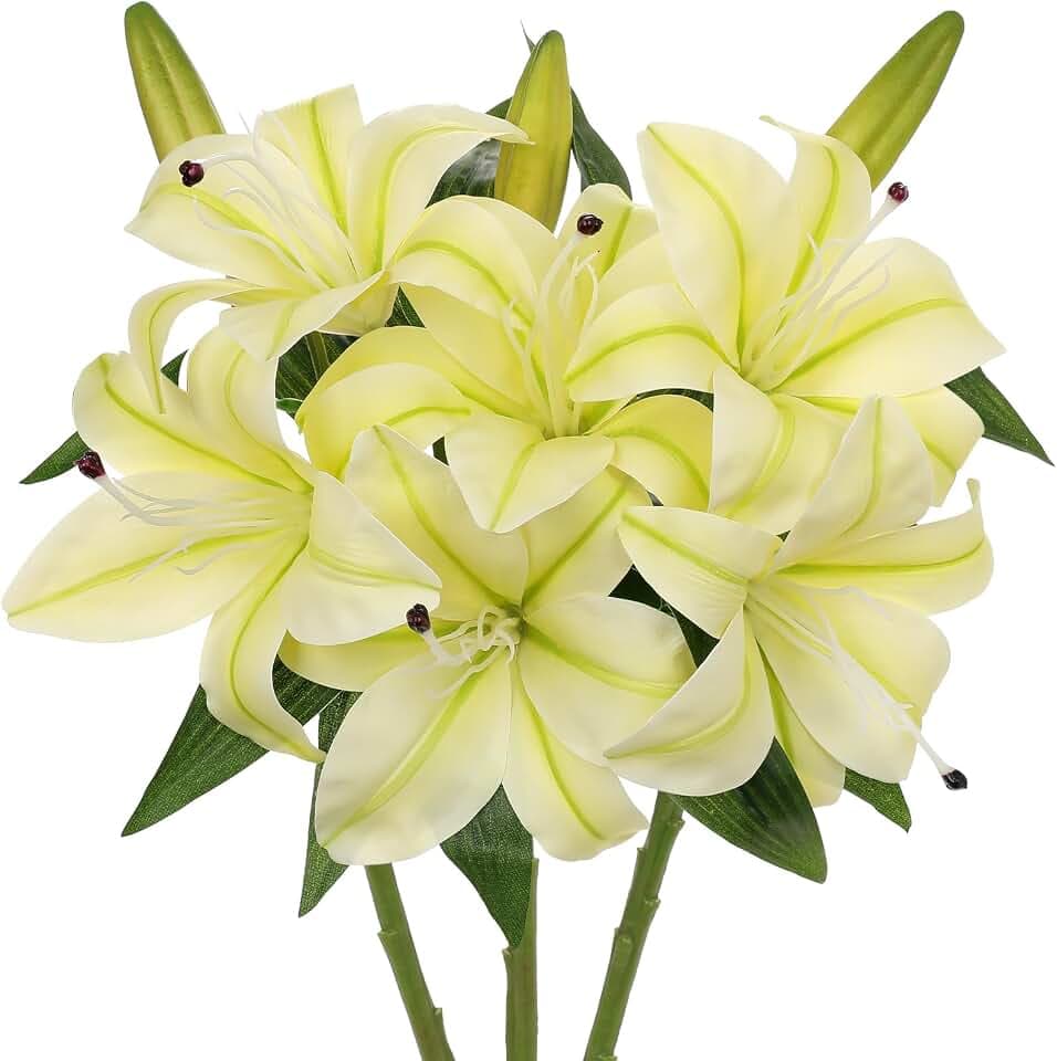 Artificial Tiger Lily Silk Flowers - 3 Pcs Faux Lily Flower 14.9" Fake Lilies Bouquets Faux Stargazer Lilies Stem with 6 Heads & 3 Buds for Indoor Outdoor Home Table Wedding Decor (Creamy Yellow)