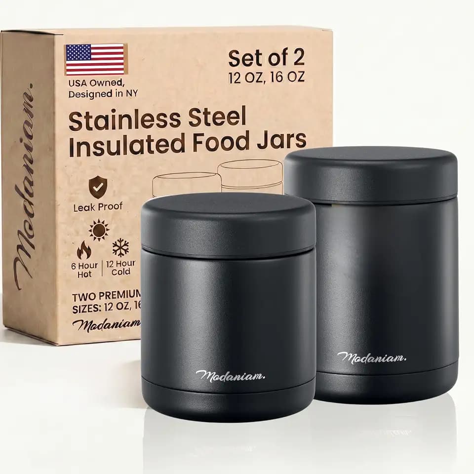 Stainless Steel Insulated Food Jar Set of 2 (16oz + 12oz) | Wide Mouth | Soup Thermo for Hot Food Lunch Container | Thermal LunchBox | Insulated Soup Bowl | Hot and Cold Lunch Box for Adults | Black