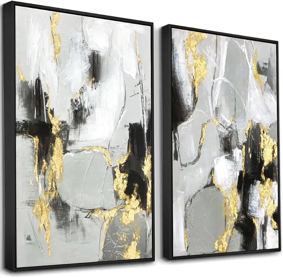Zessonic Black and Gold Abstract Textured Hand-painted Wall Art, 16"x24"x2
