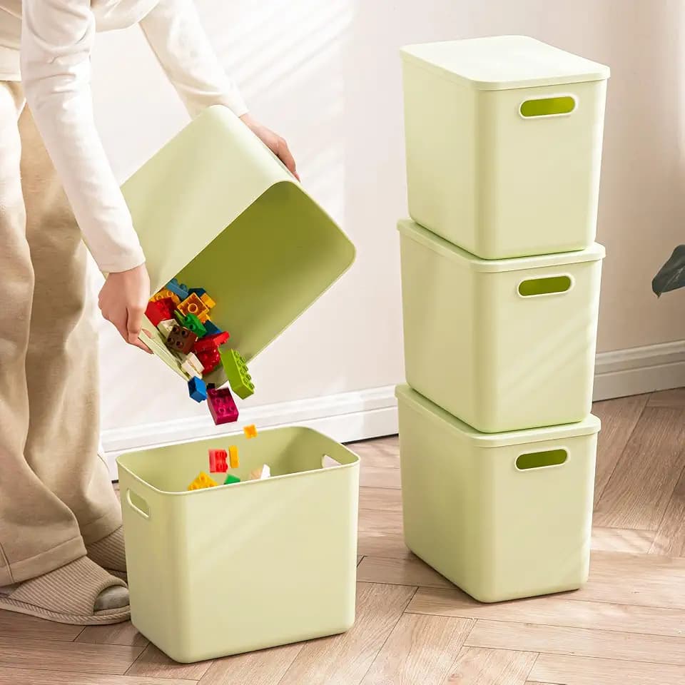 5 pack large plastic White storage bins with Lids, Toy Box Chest with Handle,Organizer Containers Baskets for Baby,Nursery,Shelves,Playroom, Bedroom,Office,Closet,home (Light Green, 5L)