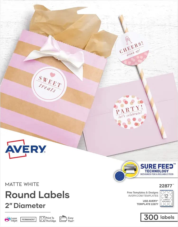Avery® Printable Round Labels, Sure Feed® Technology, 2" Diameter, Matte White, Laser & Inkjet Compatible, 300 Blank Labels Total, Great for Branding, Packaging, Events, and More (22877)