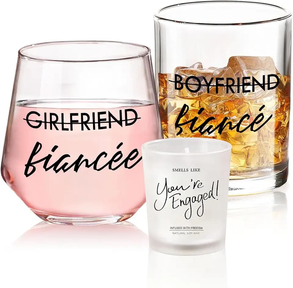 Engagement Gifts for Couples, 10 oz Whiskey and 12 oz Wine Glass Set, Newly Engaged Fiancee & Fiance Gifts for Women, Fade-Resistant, Beautiful Packaging, Proposal Decorations & She Said Yes Present