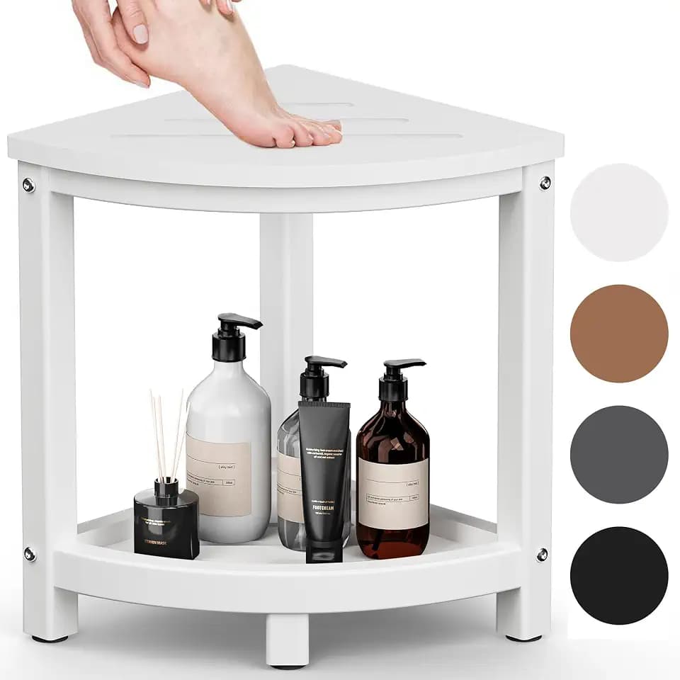 Shower Stool for Inside Shower Corner Shower Bench with Storage Shelf White