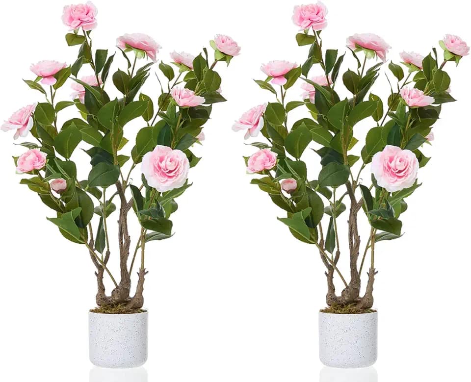 PrecisionAuto Lifelike Artificial Camellia Trees Set – 2.5FT Faux Potted Plants with Pink Flowers, Realistic Greenery for Home, Office, Porch, Patio, or Wedding Decor – Two Pieces