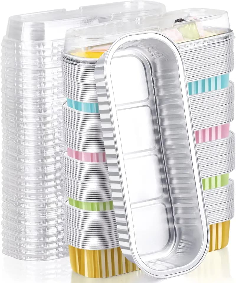 EUSOAR Dessert Cups with Lids, 100pcs 6.8oz 6.5"x2.5"x1.2" Aluminum Foil Baking Cups Mini Cake Loaf Pan, Disposable Ramekins Containers Wrappers Creme Brulee for Birthday Party Shower-5 Colors
