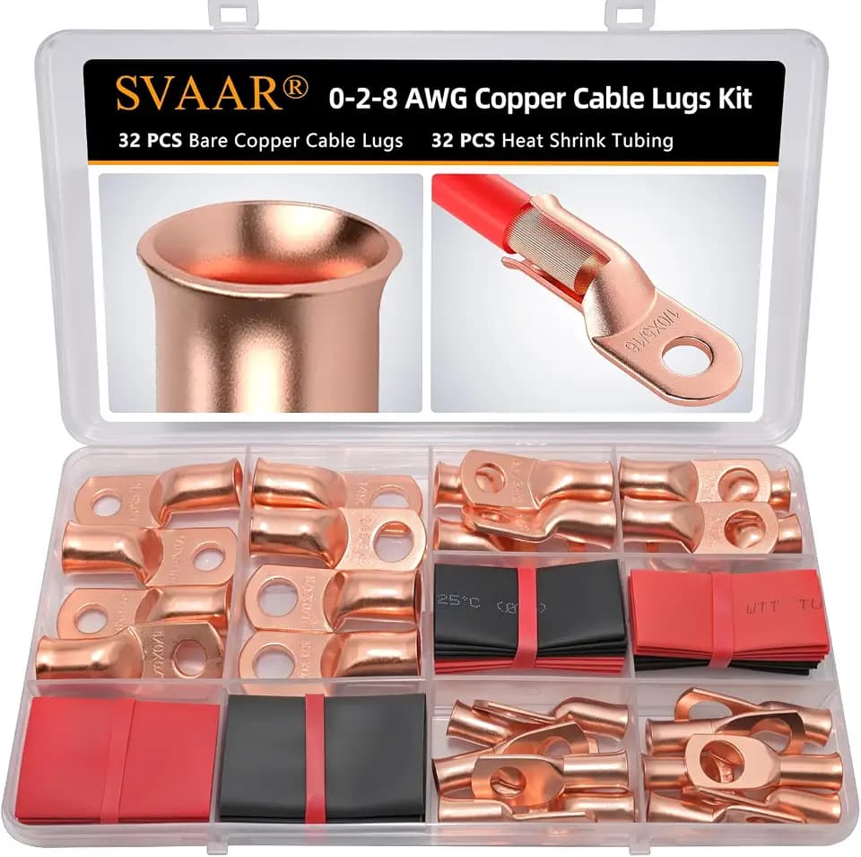 SVAAR 0/2/8 Gauge Battery Cable Ends Kit,Heavy‑Duty Copper Lugs,Bare Copper Battery lugs,Ring Terminals Set, 32Pcs Wire Lugs 5/16" & 3/8" Stud with 32Pcs Heat Shrink Tubing