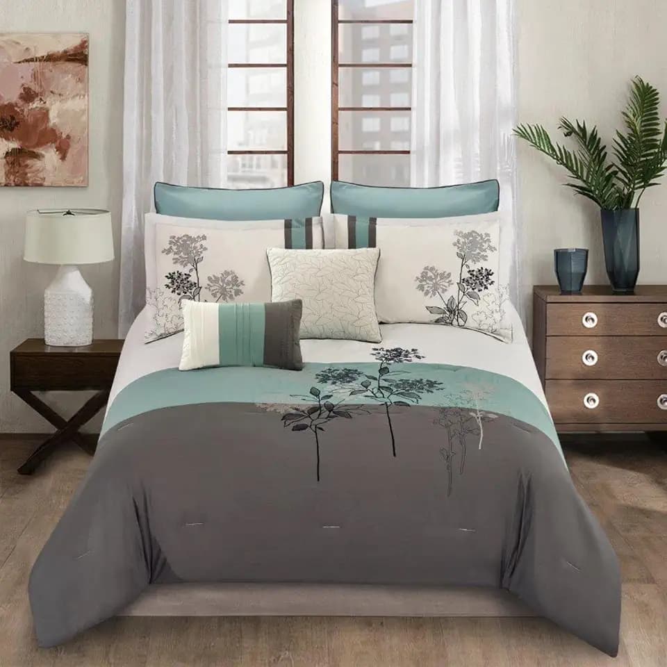 Riverbrook Home Emilie Comforter Bedding Set, Queen Size, Blue Gray Ivory Contemporary Décor, 8 Pieces