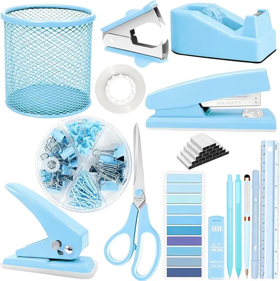 JIZHIYUAN Blue Desk Accessories Set - 16 Pcs Blue Office Supplies with Stapler, Tape Dispenser, Pen Holder, Staple Remover, Hole Punch, Practical Aesthetics Desk Sets for Office, Home, School Women