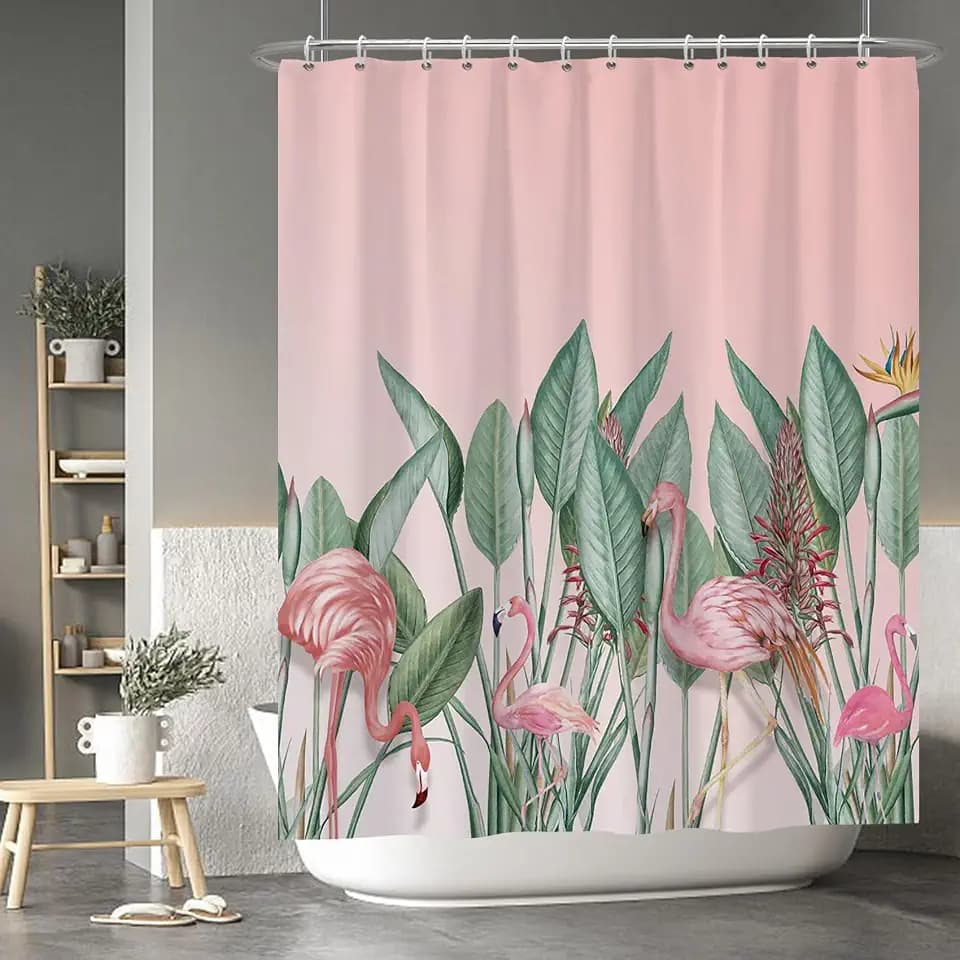Pink Flamingo Tropical Leaves Shower Curtain Green Plants Modern Watercolor Shower Curtains for Bathroom Home Bathtubs Waterproof Fabric Shower Curtain with Hooks 36x72 Inches