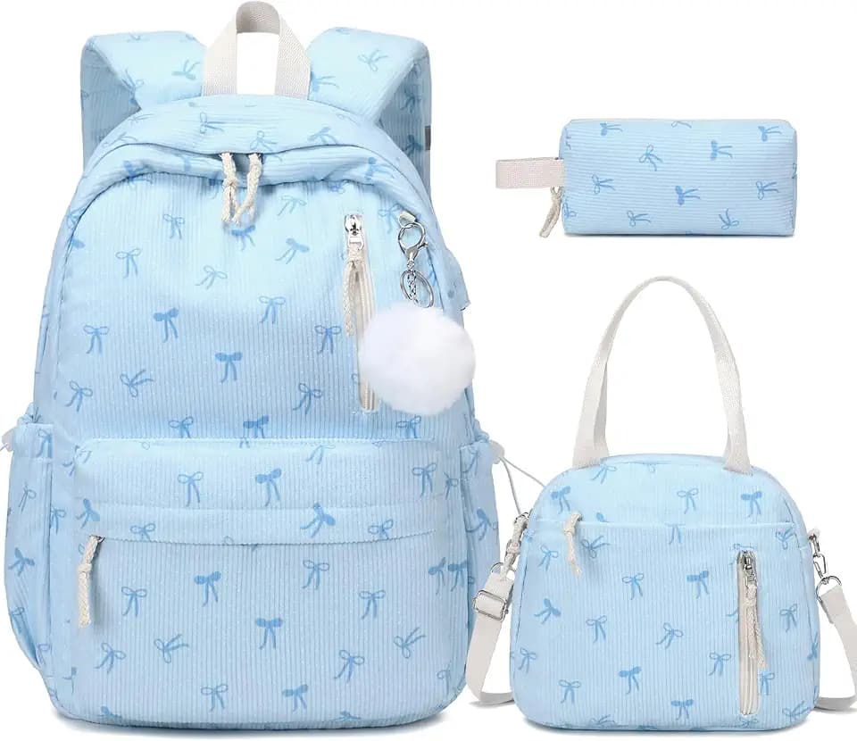 ACESAK 3PCS Corduroy Girls Backpack w/Lunch Box & Pencil Bag (Blue Bow Tie)