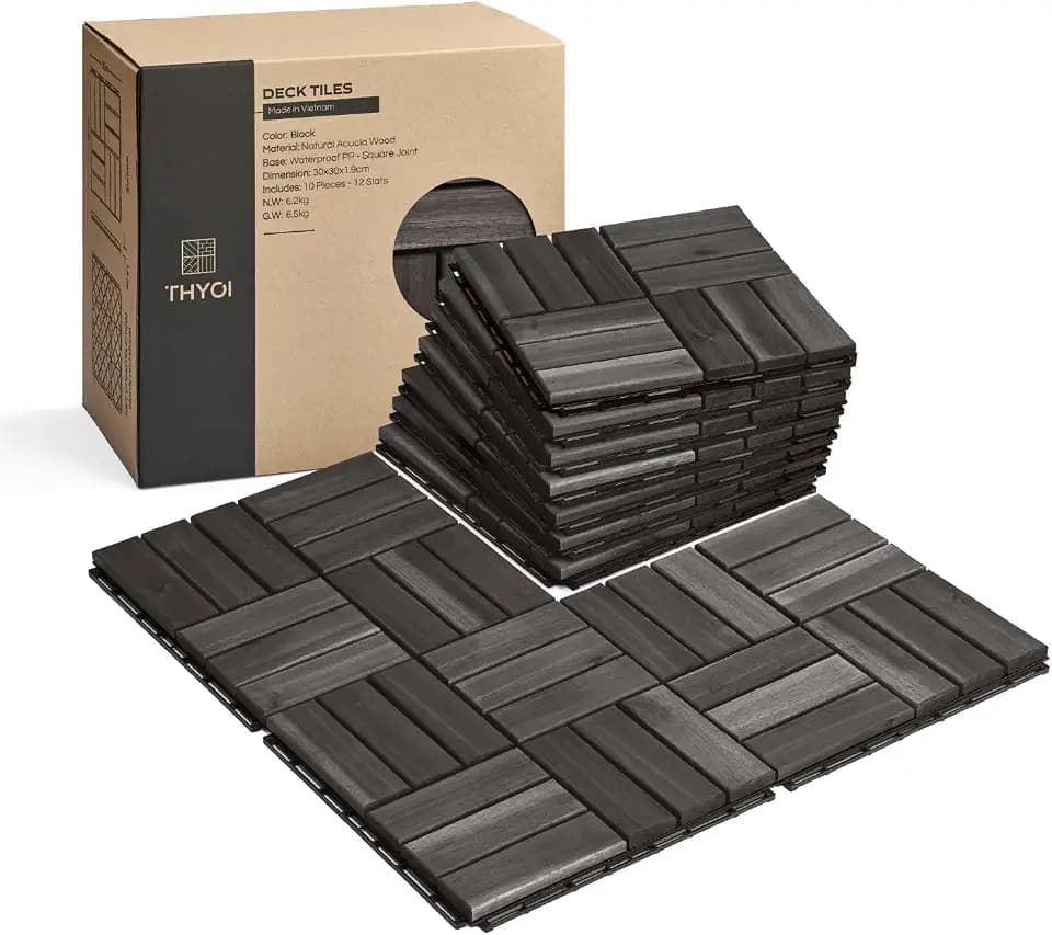 THYOI Premium Deck Tiles, 10 Pcs Patio Flooring - Black - Crossed Pattern
