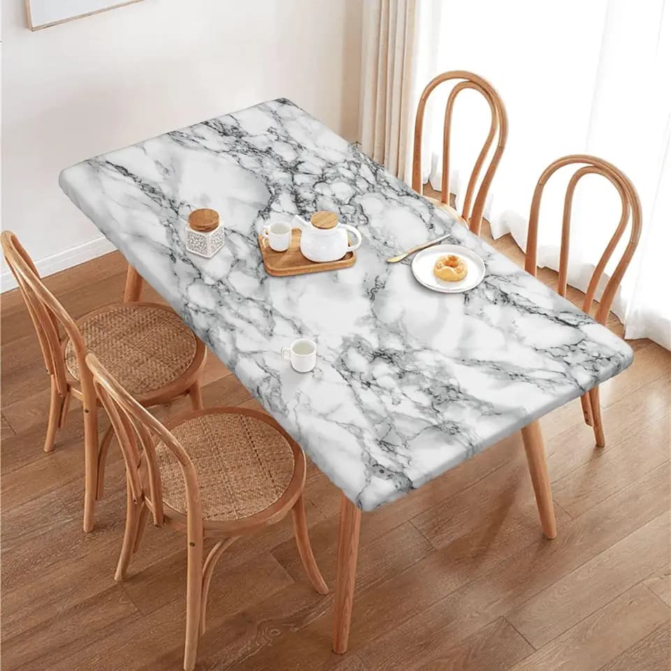 Fiokroo Black and White Marble Tablecloth with Elastic Edge for Rectangle Table, Table Cloth Washable Table Cover for Kitchen Dining Party Outdoor Picnic Decoration, 4FT