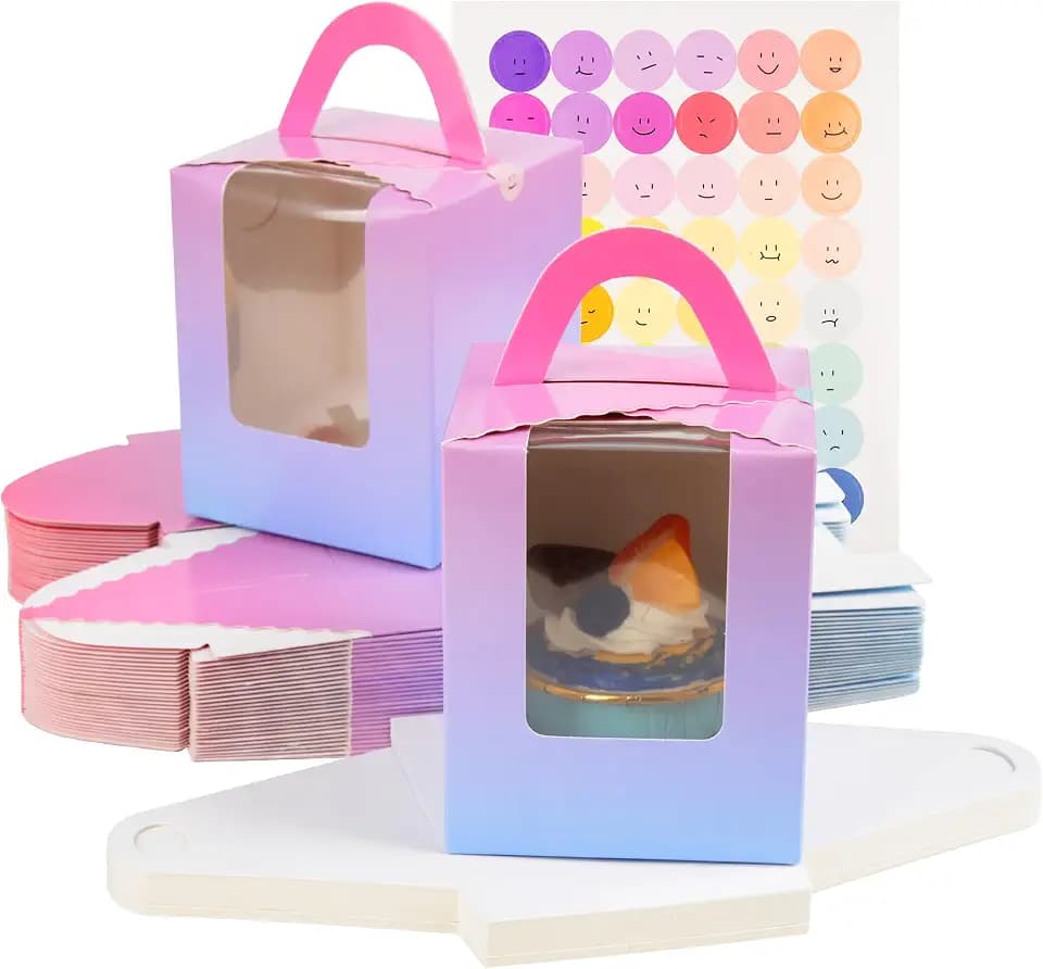 KEYIDO 30 Pcs Individual Cupcake Boxes Deep Gradient Single Cupcake Boxes 1 Hole Cake Box with Clear Window Inserts and 2 Sheets of Stickers for Wedding Birthday Party Favors