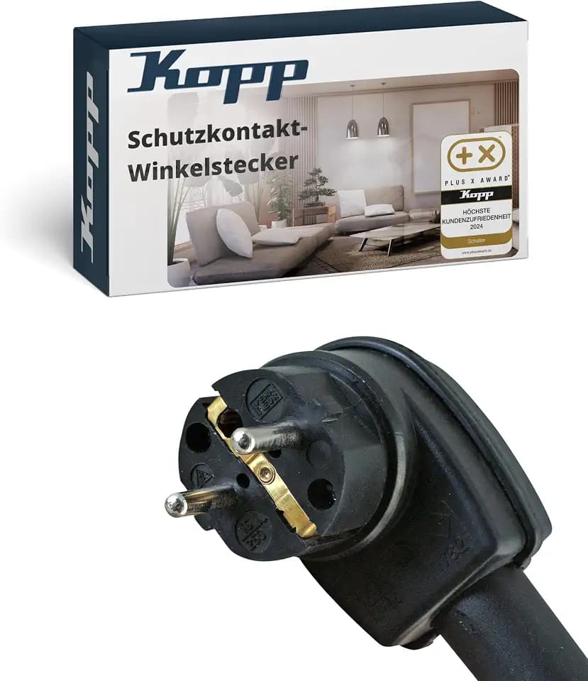 Kopp Schutzkontakt-Winkelstecker in Schwarz - Vollgummi-Stecker mit Knickschutzhülle - IP44 Schutzkontaktstecker für Strom-Kabel bis 3 x 2,5 mm² - Bruch- & schlagfester Kabel-Stecker 250V~