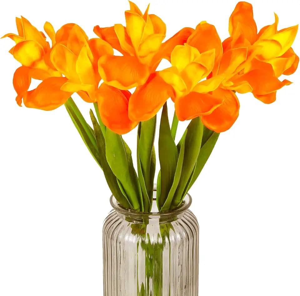 6 PCS Iris Flowers Artificial Real Touch Orange Flowers 18.9 in Long Stems Artificial Iris for Wedding Bridal Home Kitchen Party Decoration (Orange)