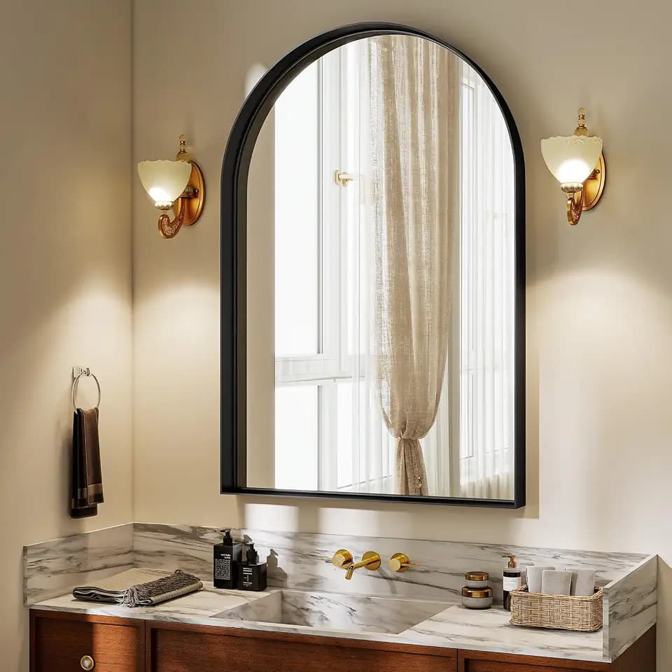26" x 38" Luxury Arched Bathroom Mirror - Arch Wall Mirror with Shatterproof Tempered Glass and Metal Deep Frame, Hanging or Leaning for Living Room, Dresser, Entrance and Hallway, Black