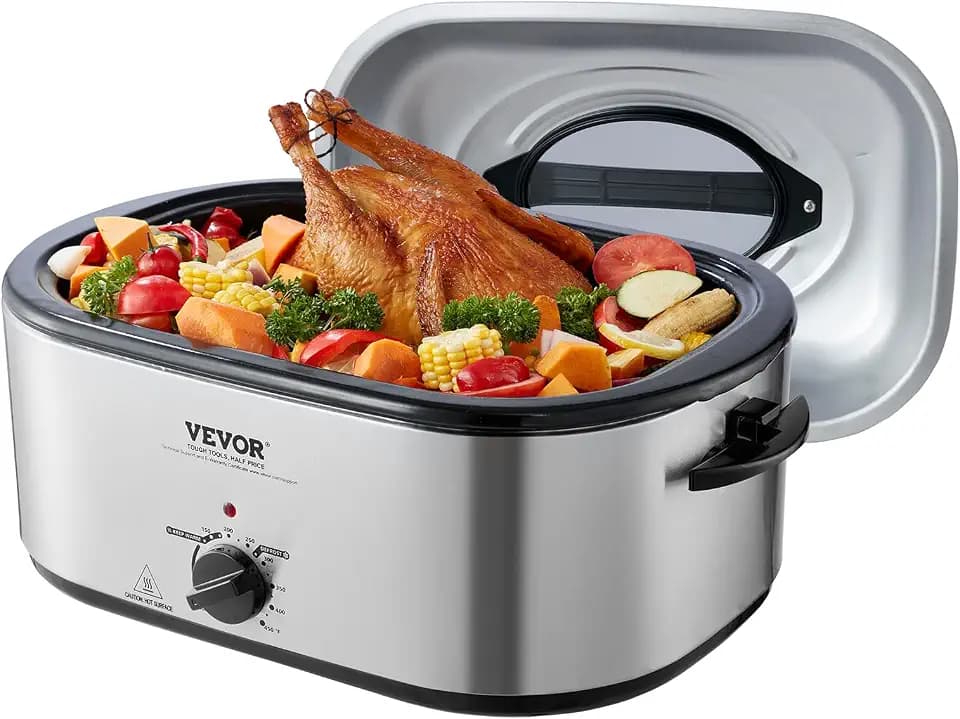 VEVOR Electric Roaster Oven with Defrost & Warm Function, 24 QT Turkey Roaster Oven with Self-Basting Lid, 1450W, Adjustable Temp, Removable Pan & Rack, Fits Turkeys Up to 28LBS, Silver