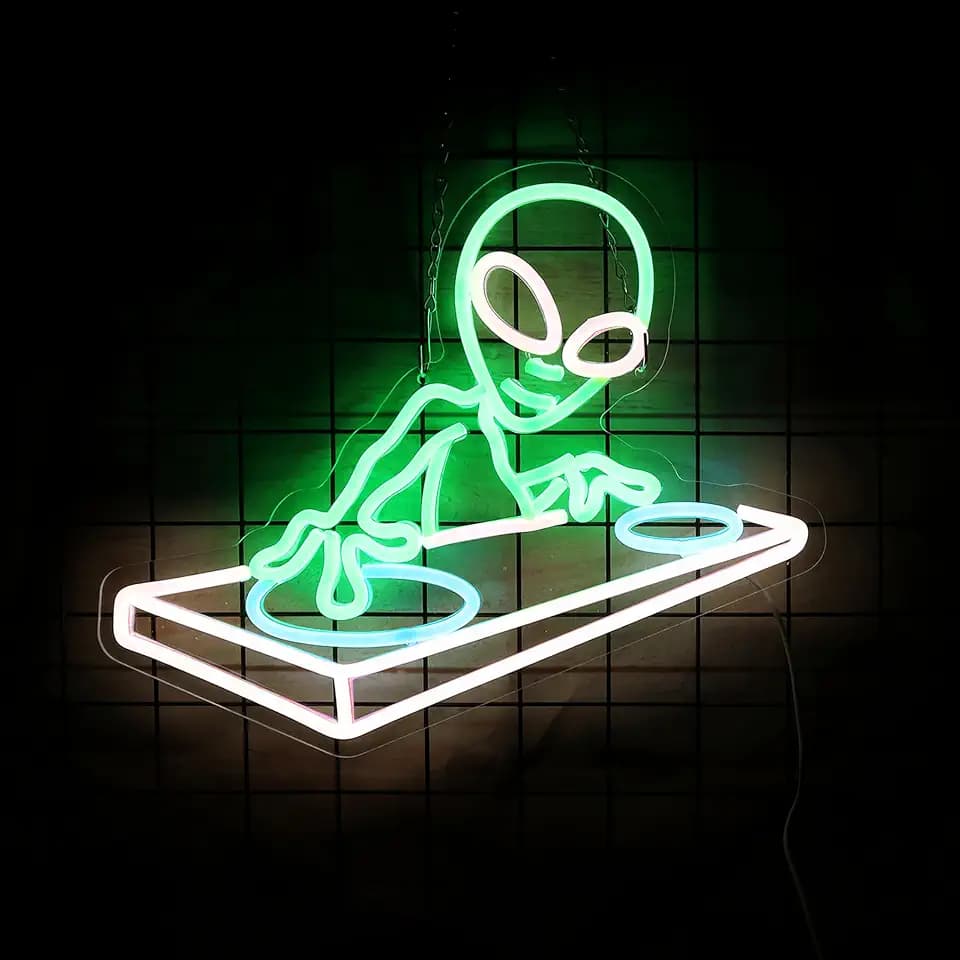 Alien DJ Neon Sign DJ Gifts for Men Cave Cool LED Neon Light for Music Bar Wall Decor Dimmable LED Signs for Game Room Bedroom Decor Bar Music Concert Wall Art 15.7 * 12.6IN