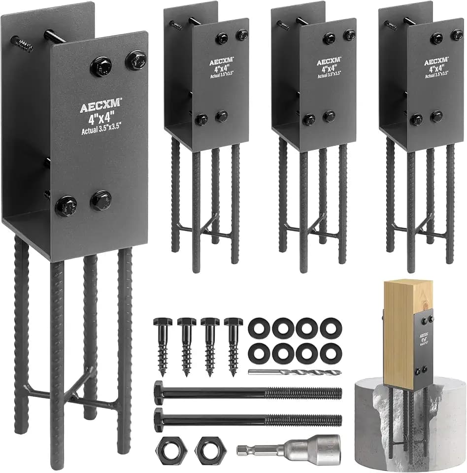 AECXM 4"x4" (Actually 3.5"x3.5") Heavy Duty U-Shaped Fence Post Holder Bracket, Wet Concrete Post Bracket, for Deck railings, Fences, mailboxes, gazebos Wet Concrete Foundation Support (Black-4Pack)