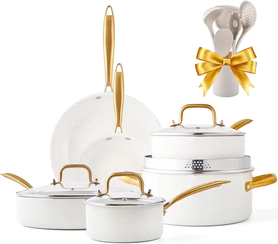 Pots and Pans Set Nonstick Granite Gold Cookware Set