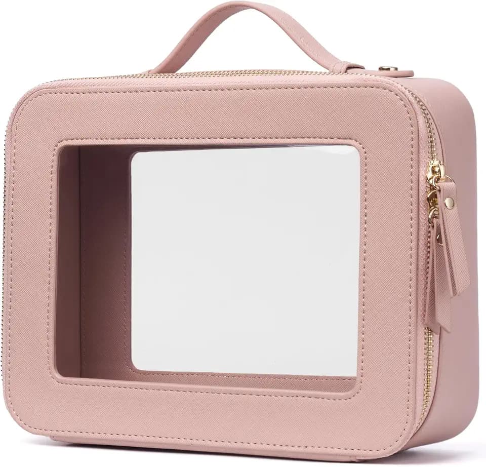 Popvibe Clear Makeup Case Set Pink Toiletry Bag Travel Large Clear Cosmetic Bag with Zipper, Big Make Up Bag Organizer Women Traveling TSA Approved Transparent Bag Car for Essentials