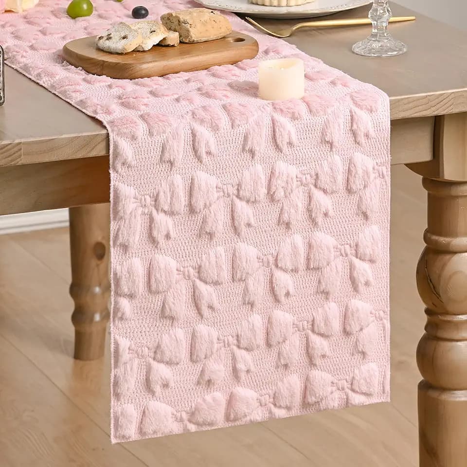 Artoid Mode Pink Soft Plush Faux Fur Jacquard Bows Table Runner, Valentine's Kitchen Dining Table Decoration for Home Party Decor 13x60 Inch