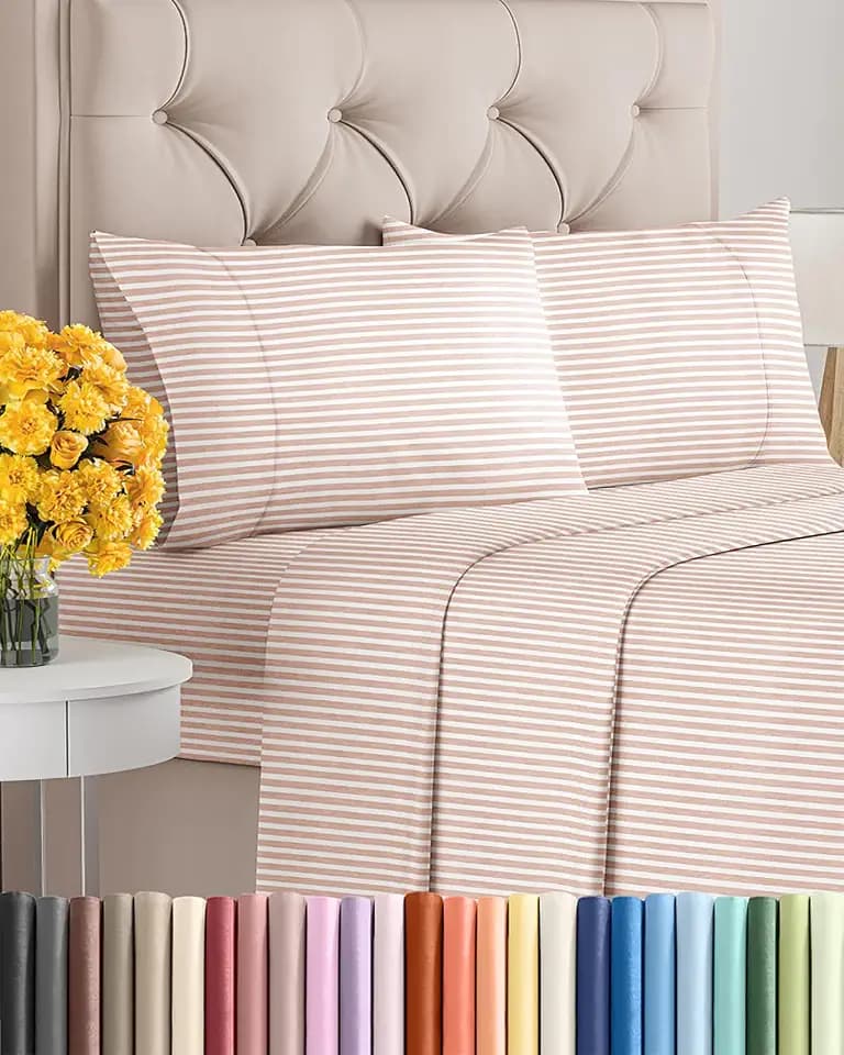 Cal King Size 4 Piece Sheet Set - Soft & Cooling Sheets - Blush Stripes 1