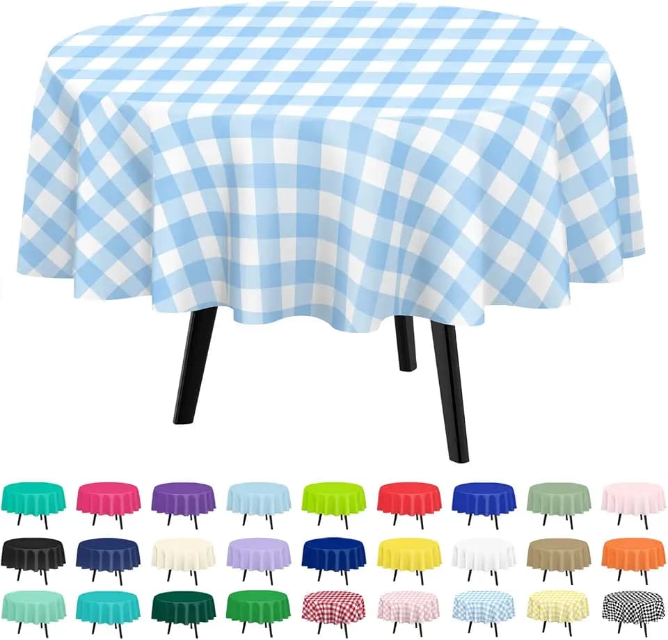 QIKSION 6 Pack Blue Gingham Round Plastic Tablecloth Disposable