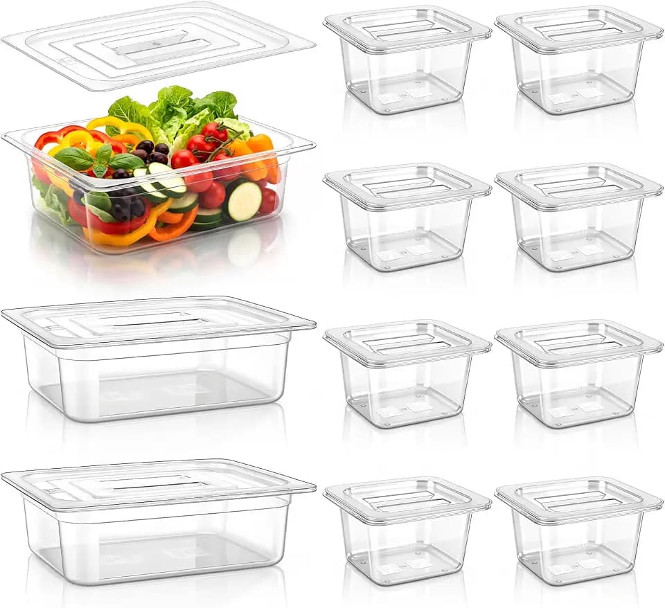 Sliner 10 Pack Plastic Clear Food Pans with Lids, Stackable and Freezer Safe Commercial Food Storage Containers for Fridge Salad Polycarbonate(4" 1/2+1/6 Set)