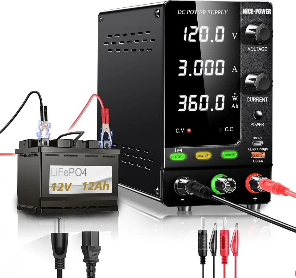 NICE-POWER DC Power Supply Variable 120V 3A 360W LiFePO4 Nickel-Metal Lithium Ion Hydride Battery Charger 6V 12V 24V 36V 48V 60V 72V 100V Battery Charging Bench Power Supplies Output OCP Ah Display