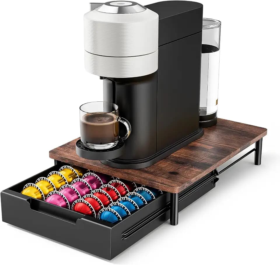 Coffee Pod Drawer Organizer for Nespresso Vertuo, Patented Flexible Slot Design Holds Up to 40 Large Capsules, Rustic Wood Look, Fits Under Coffee Machines