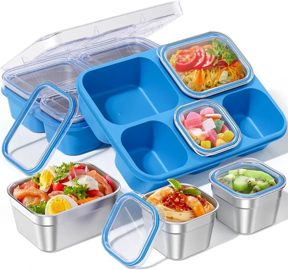 BiuLeon Snackle Box Containers, Stainless Steel 5 Compartments Divided Serving Tray with Lid, Removable LeakProof Portable Bento Box for Fruit Candy Nuts Food - School, Picnic and Travel(Blue)