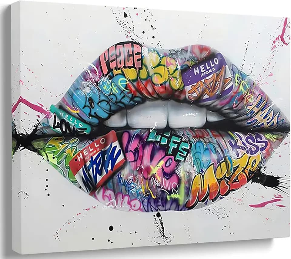 MGSBCXN Lips Graffiti Canvas Wall Art Poster Prints Colorful Picture Artwork Sexy Lips Wall Decor for Bedroom Living Room Office Decoration - 12x18 Inch