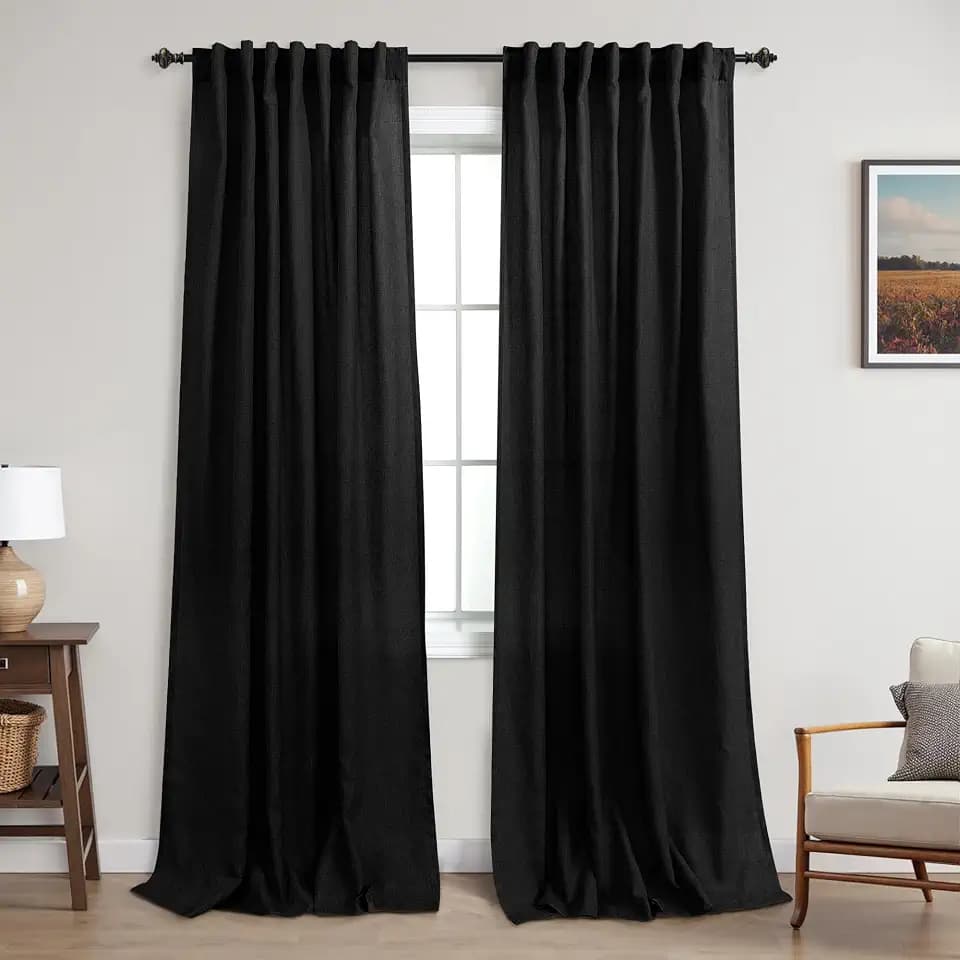 KOUFALL Black Linen Sheer Curtains for Bedroom 84 Inches Long Back Tab Boho Farmhouse Gothic Curtains for Living Room 2 Panels Set