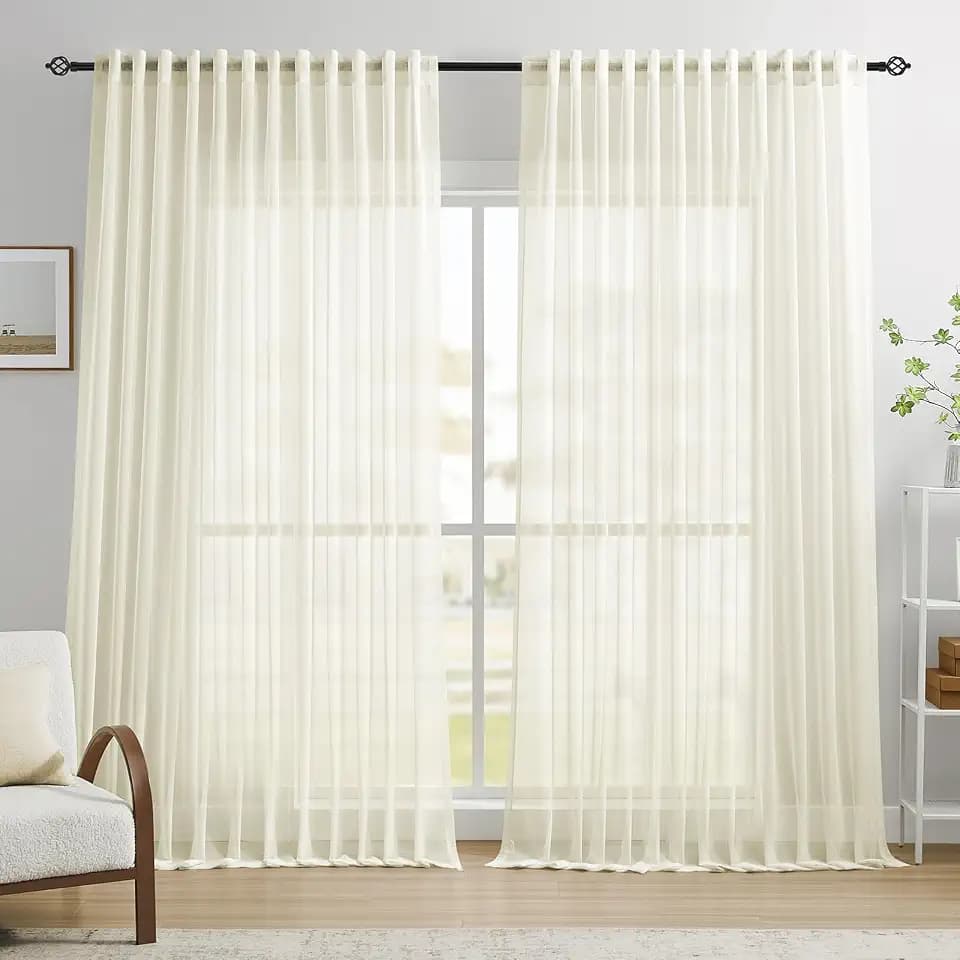 Dreaming Casa Ivory Sheer Curtains 102 Inch Long, Rod Pocket & Back Tab Top