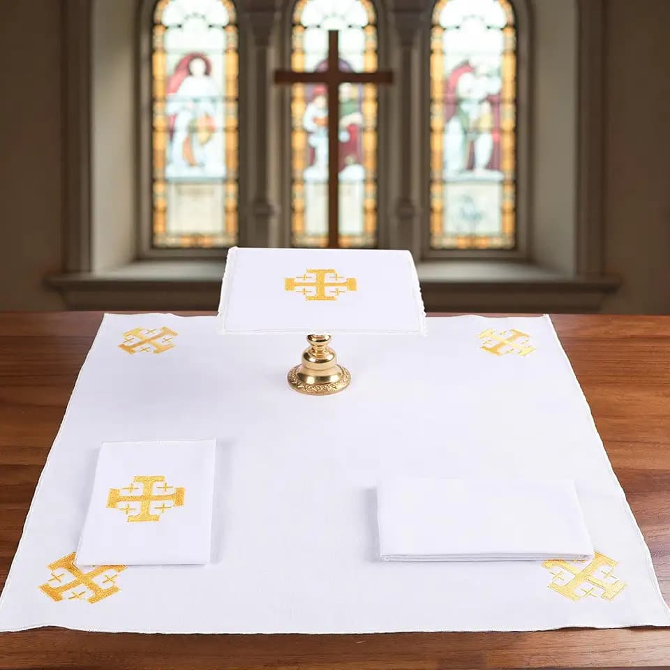 TALPGOD 4 Pack Altar Supplies Linen Corporal for Churches Set (Pall,Corporal,Purificator,Towel) White Linen Altar Cloth Gold Cross Embroidery,Mass Kit Catholic for Priest