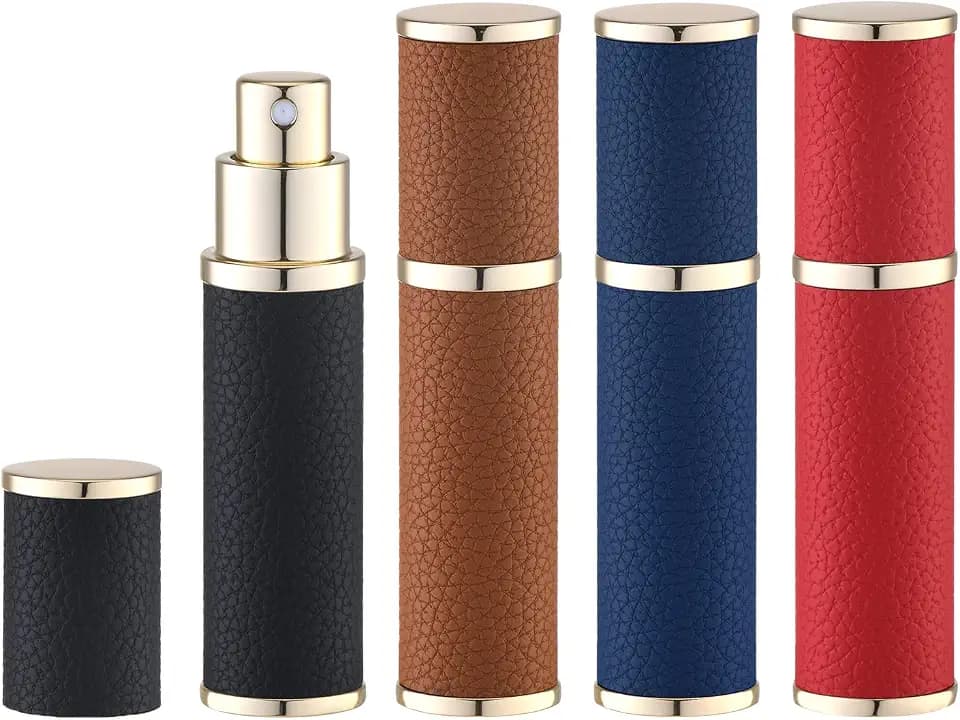 Fusupak Travel Perfume Bottle Refillable - Mini Leather Cologne Atomizer Sprayer Portable - Empty Small Size Fragrance Pump Dispenser Container for Men Women Gifts - Small Refill 10ml 4 PCS