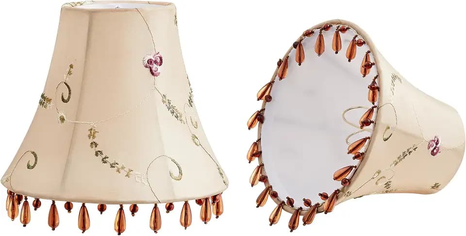 Aspen Creative 50004-2, Beaded Bell Clip-On Lamp Shade, Gold Faux Silk Fabric with Floral Embroidered Design, 3" Top x 6" Bottom x 5" Slant, Set of 2
