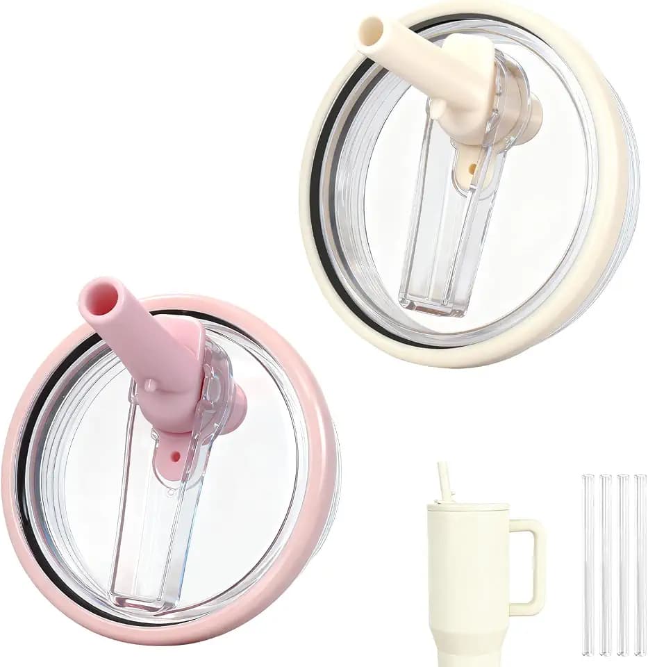 40oz Flip Straw Lid for HydroJug Traveler, Leak Proof Top Cap Replacement for HydroJug Tumbler, BPA-Free Dishwasher Safe Leak Resistant Cap with 4 Straws, Lids Accessories for Hydro Jug,Cream&Pink