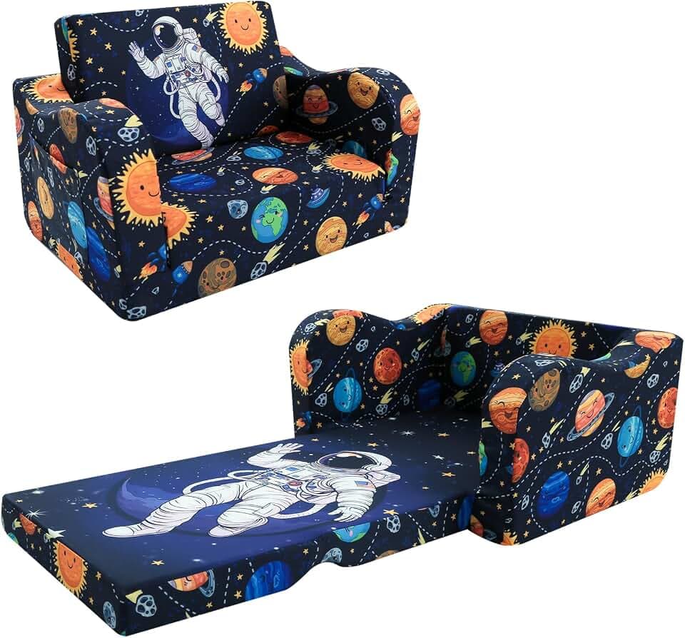 MeMoreCool Kids Couch, 2-in-1 Fold Out Sofa Armchair, Astronaut Print, Foam