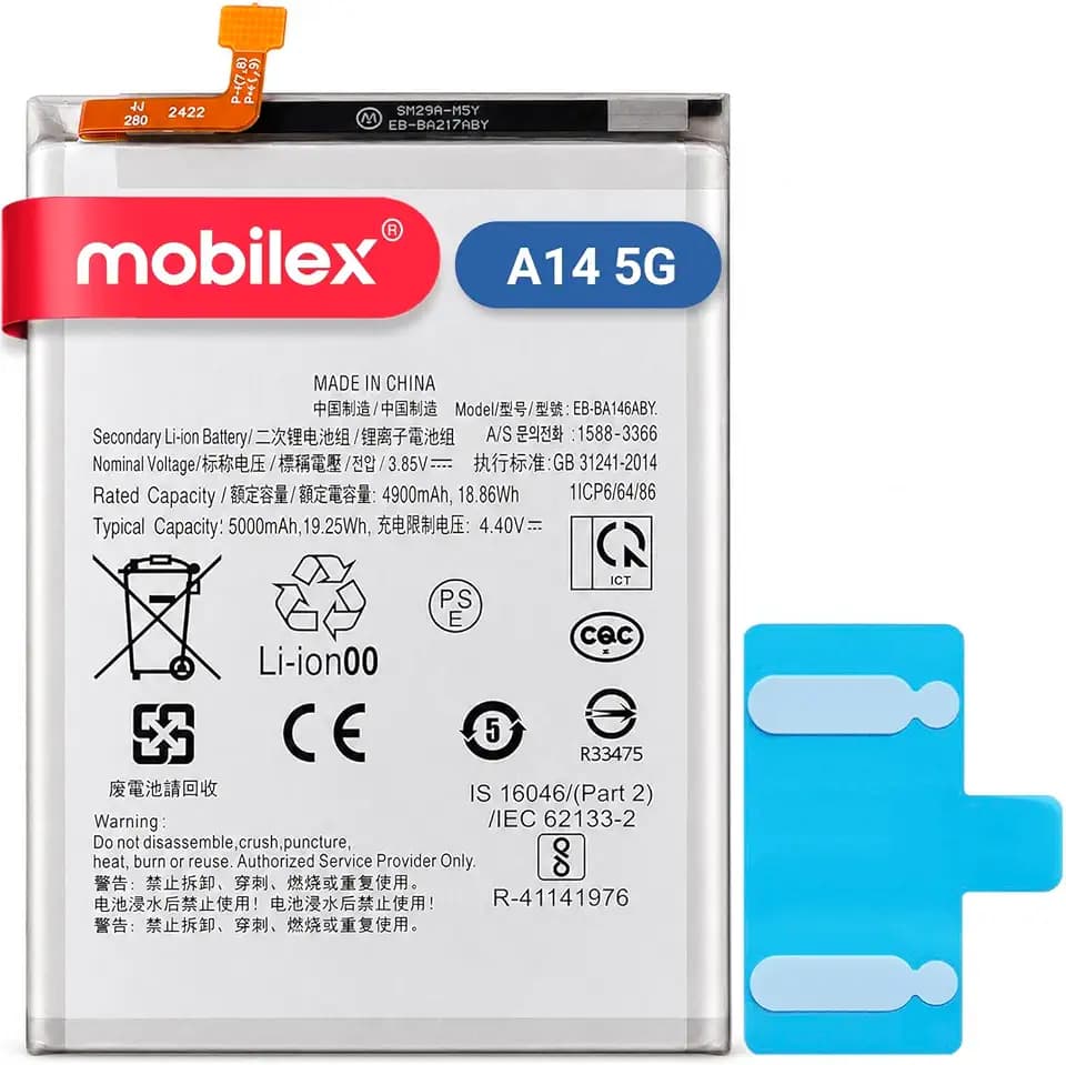 MOBILEX® Akku EB-BA146ABY für Samsung Galaxy A14 5G | Schnellladung 15W | 5000mAh - OEM | Interner Ersatz mit Klebstoff | Originalkapazität